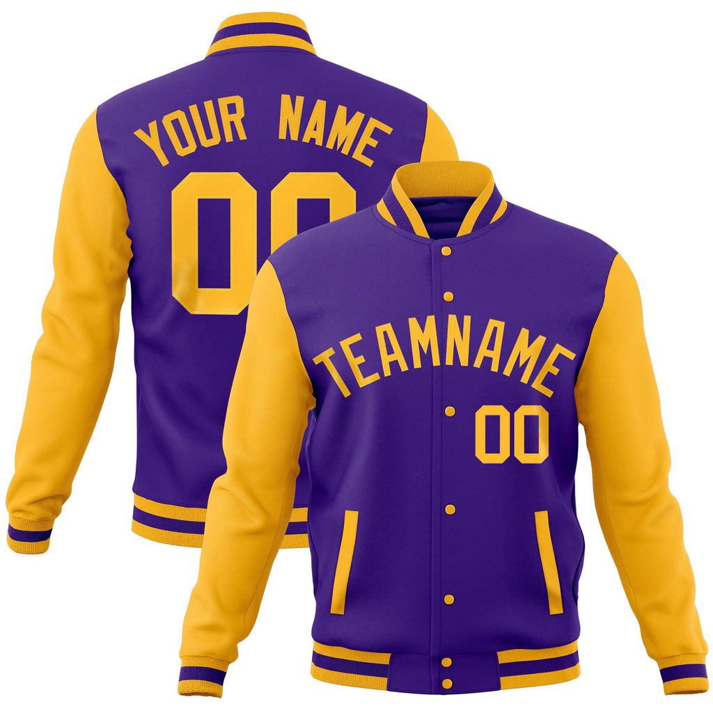 Custom Purple Gold Full-Snap Varsity Raglan Sleeves Letterman Baseball Jacket