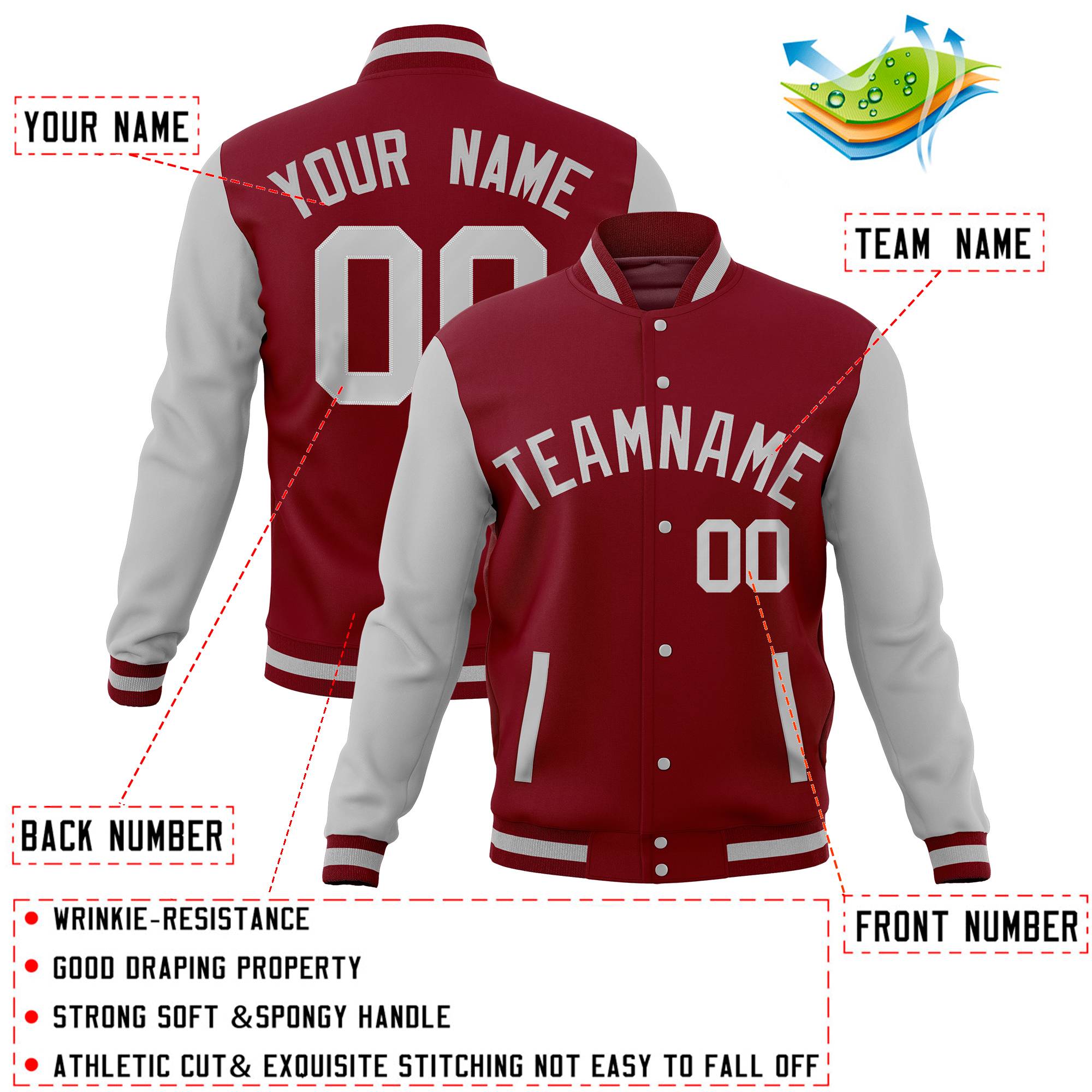 Custom Crimson Gray Full-Snap Varsity Raglan Sleeves Letterman Baseball Jacket
