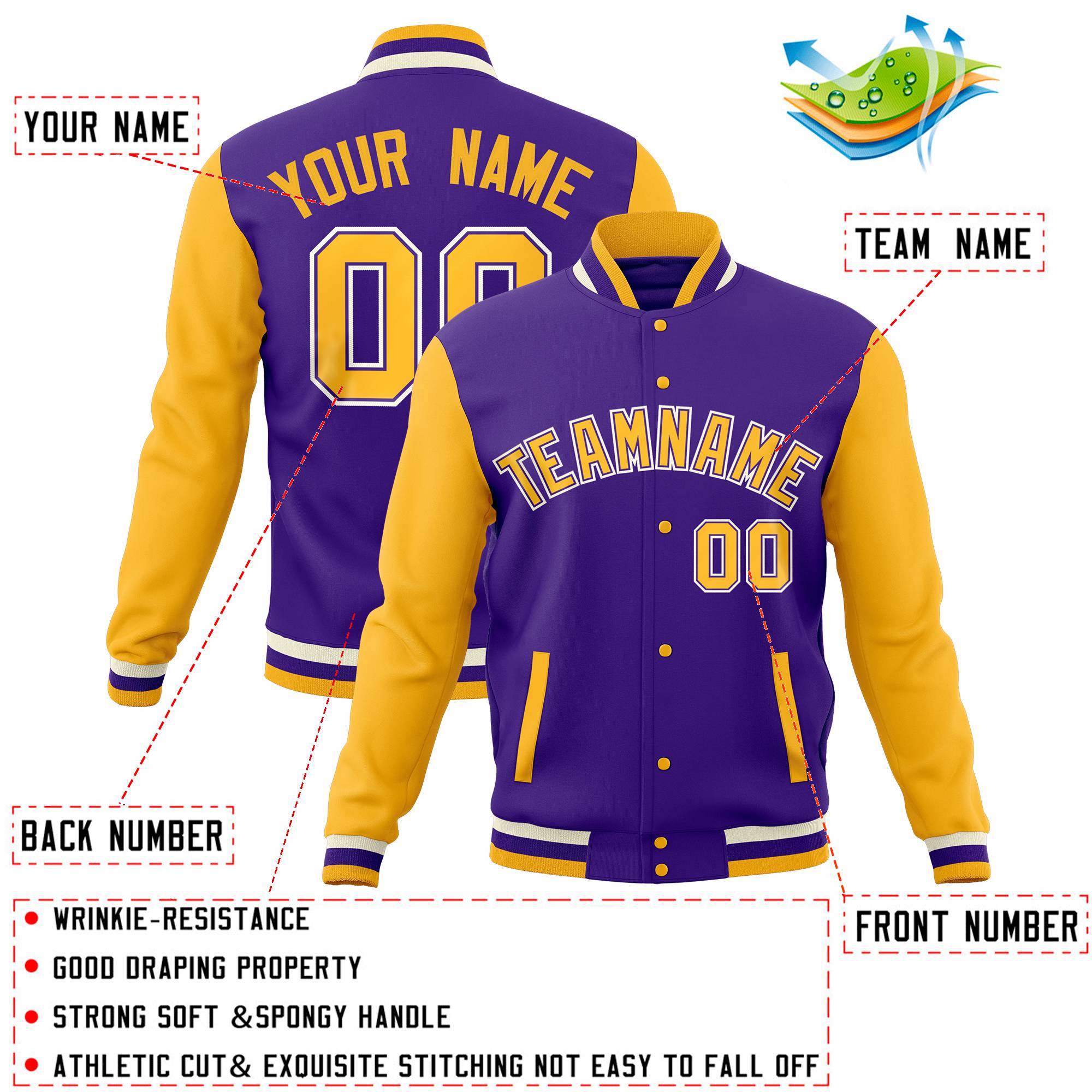 Custom Purple Gold Full-Snap Varsity Raglan Sleeves Letterman Baseball Jacket