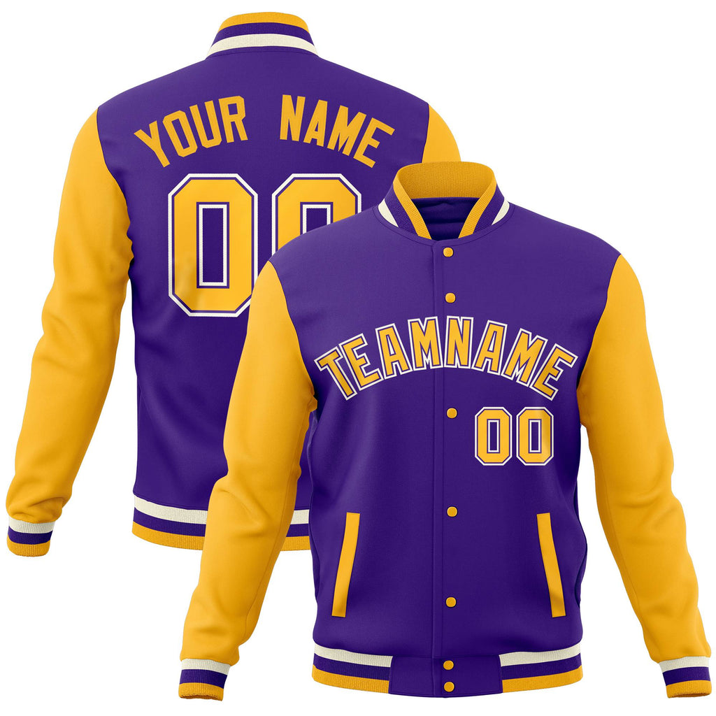 Custom Purple Gold Full-Snap Varsity Raglan Sleeves Letterman Baseball Jacket