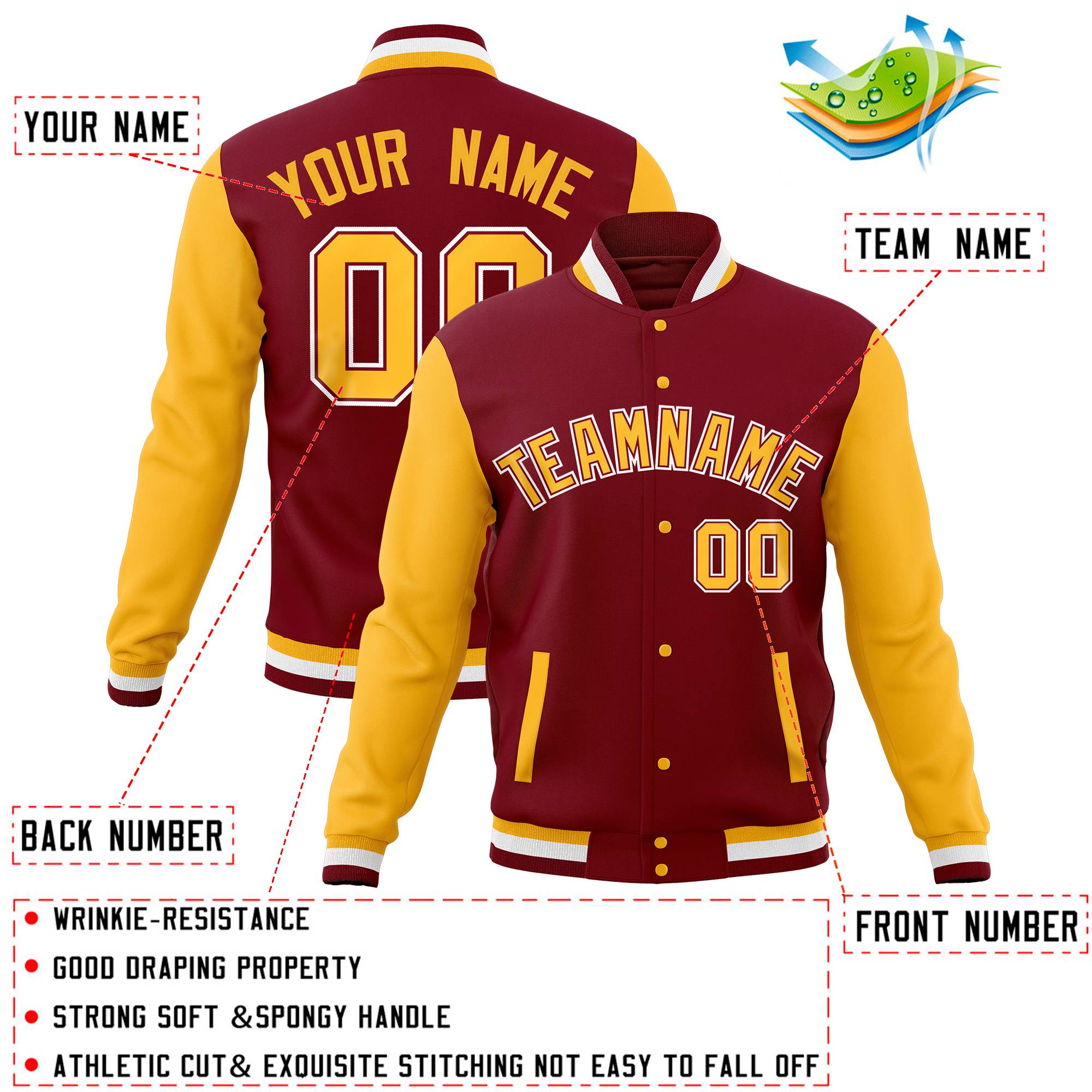 Custom Crimson Gold Full-Snap Varsity Raglan Sleeves Letterman Baseball Jacket