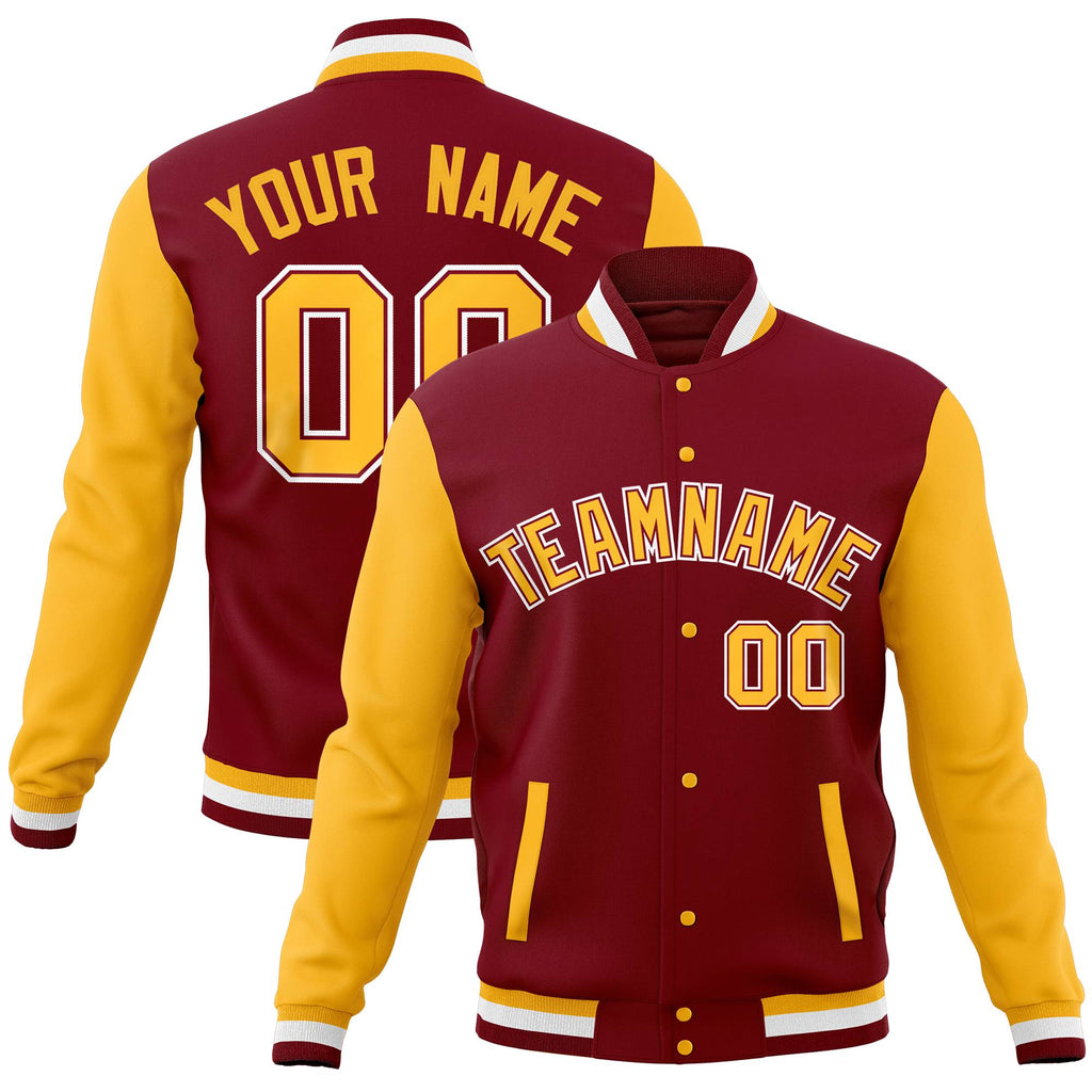 Custom Crimson Gold Full-Snap Varsity Raglan Sleeves Letterman Baseball Jacket