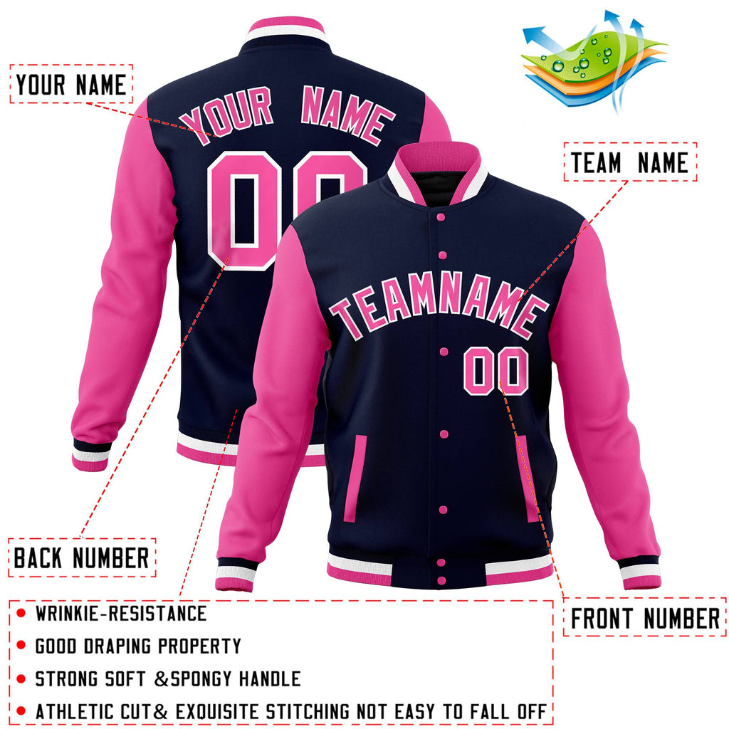 Custom Navy Pink Full-Snap Varsity Raglan Sleeves Letterman Baseball Jacket