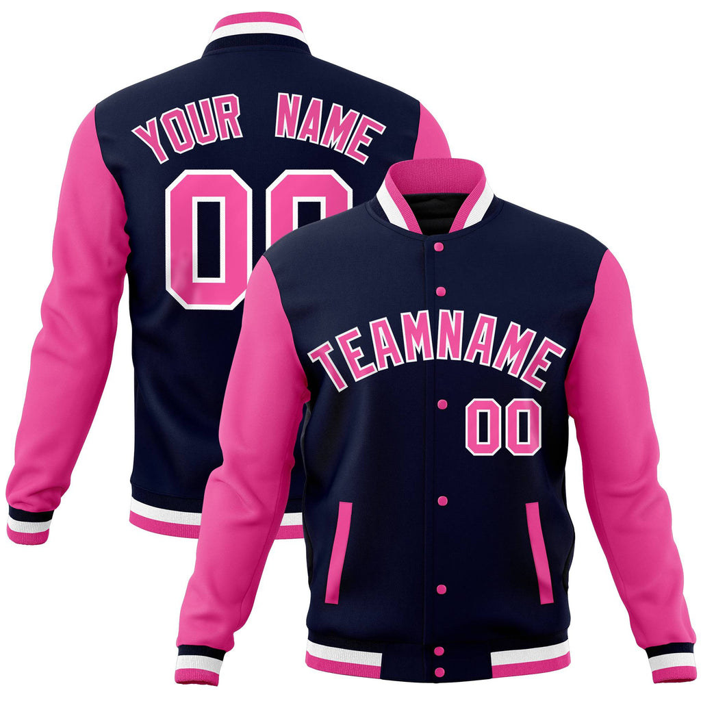 Custom Navy Pink Full-Snap Varsity Raglan Sleeves Letterman Baseball Jacket