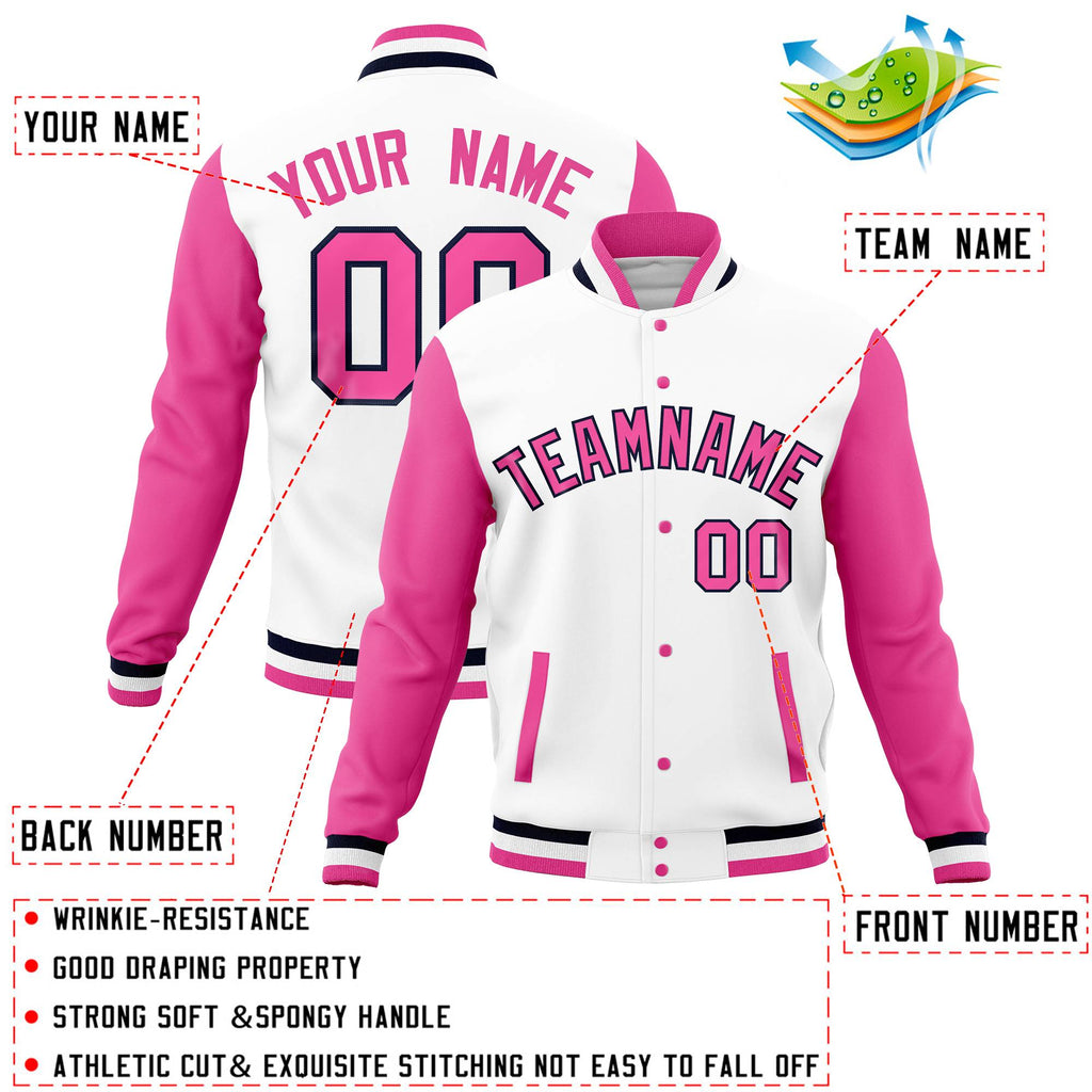 Custom White Pink Full-Snap Varsity Raglan Sleeves Letterman Baseball Jacket