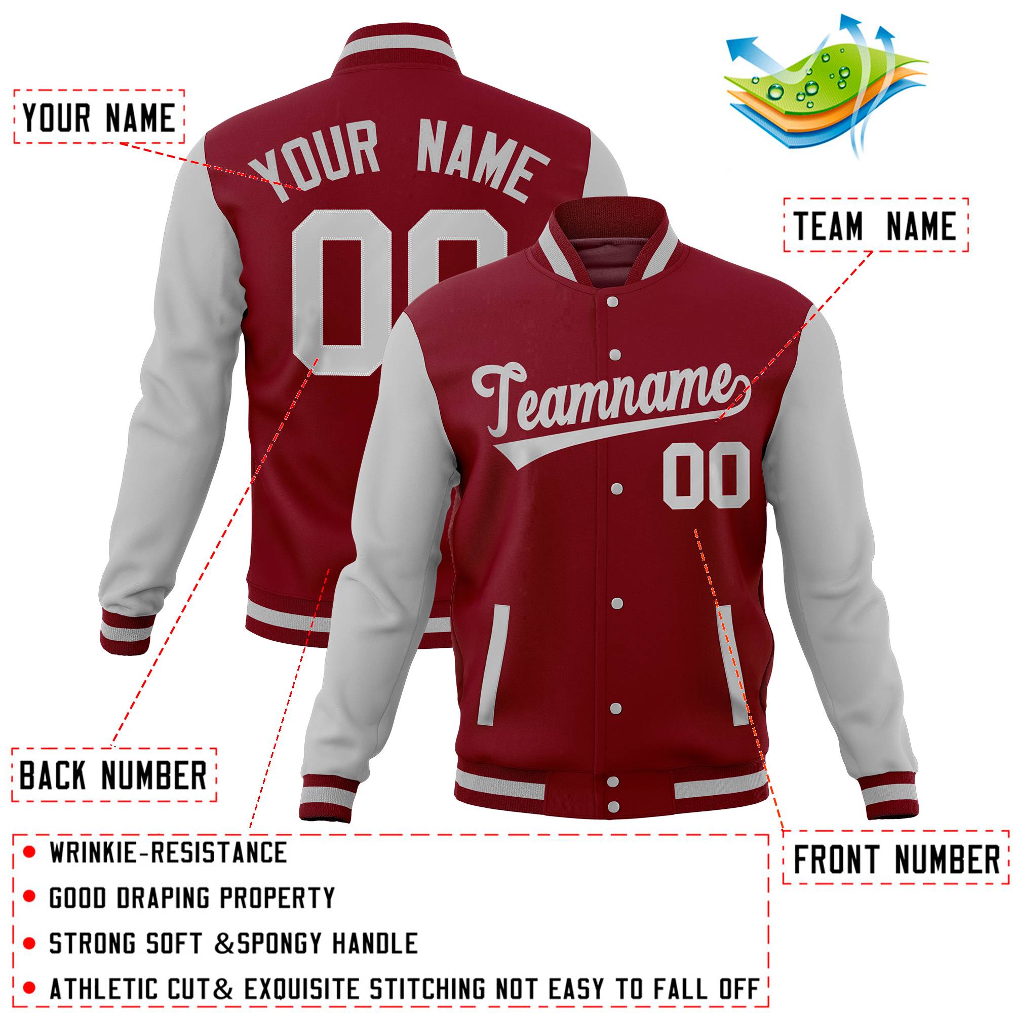 Custom Crimson Gray Full-Snap Varsity Raglan Sleeves Letterman Baseball Jacket