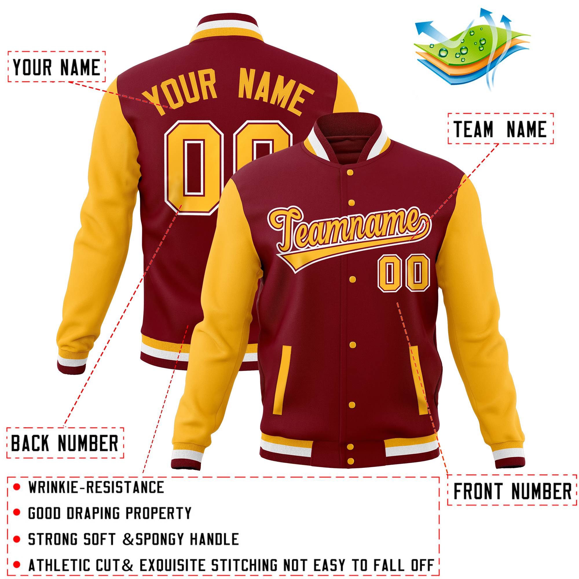 Custom Crimson Gold Full-Snap Varsity Raglan Sleeves Letterman Baseball Jacket