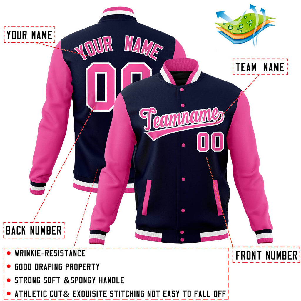 Custom Navy Pink Full-Snap Varsity Raglan Sleeves Letterman Baseball Jacket
