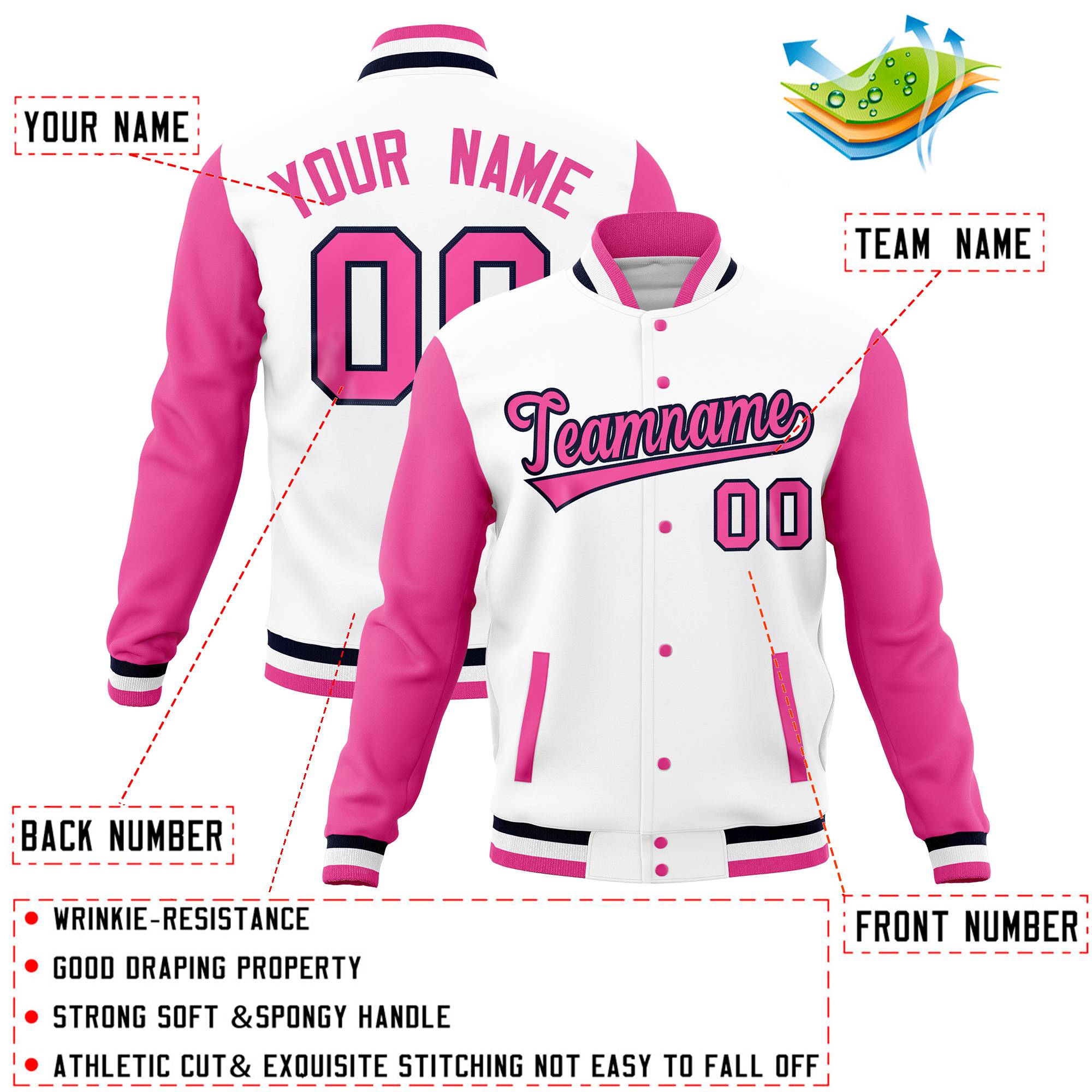 Custom White Pink Full-Snap Varsity Raglan Sleeves Letterman Baseball Jacket