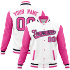 Custom White Pink Full-Snap Varsity Raglan Sleeves Letterman Baseball Jacket