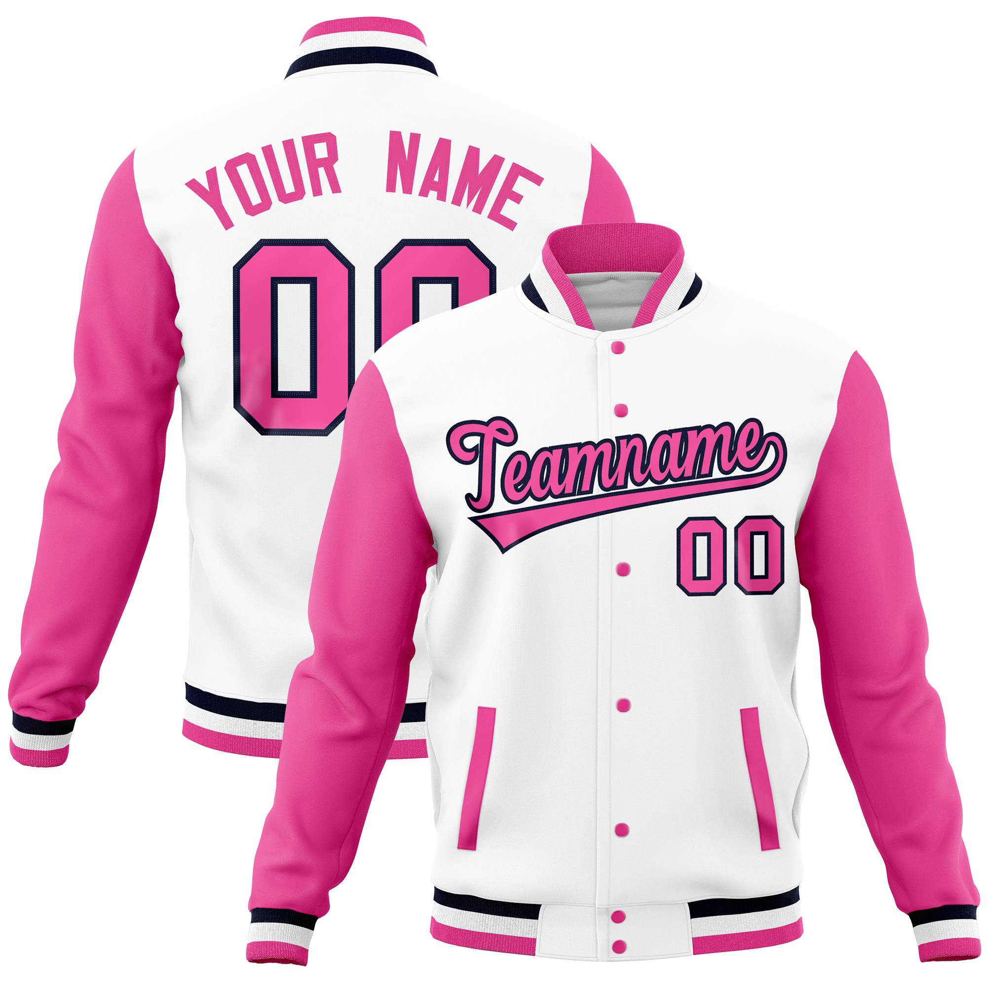 Custom White Pink Full-Snap Varsity Raglan Sleeves Letterman Baseball Jacket