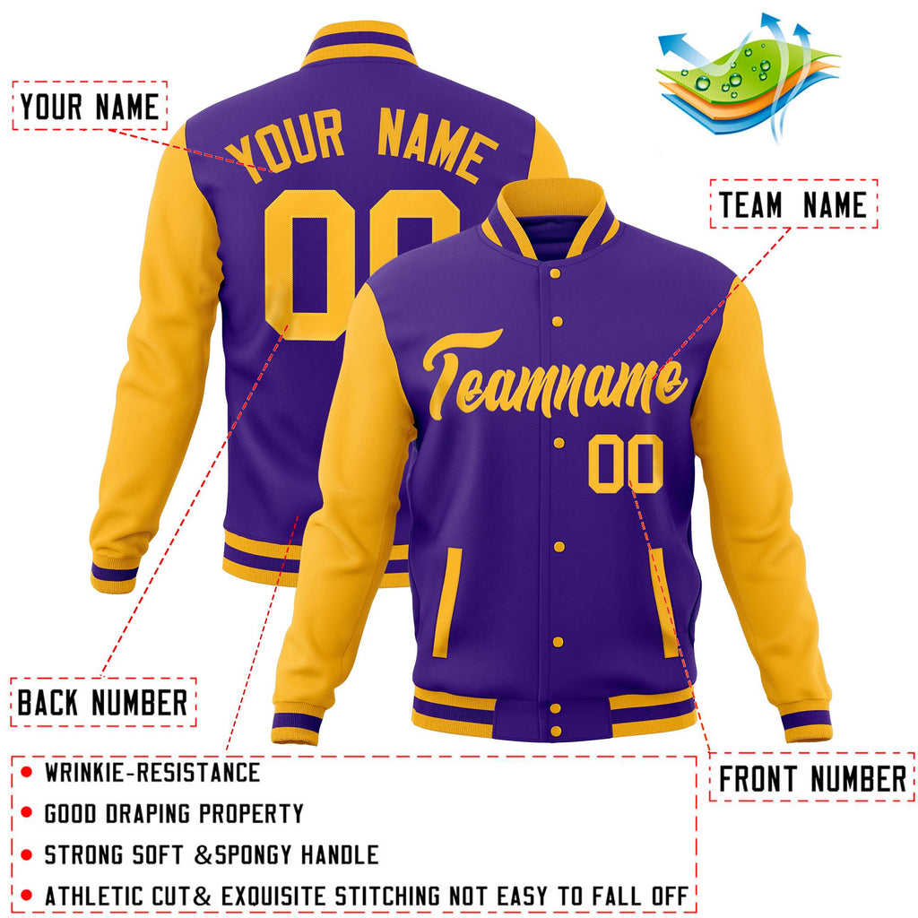 Custom Purple Gold Full-Snap Varsity Raglan Sleeves Letterman Baseball Jacket