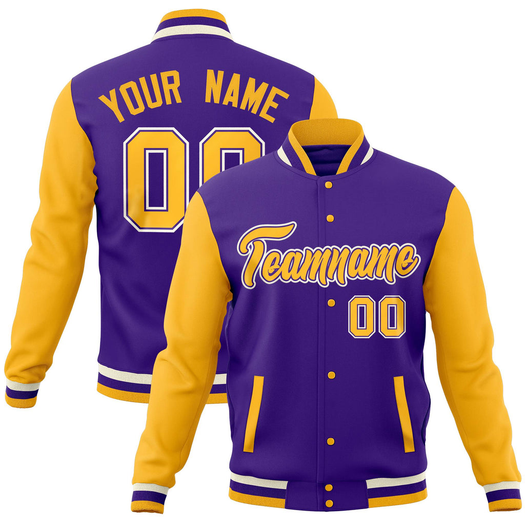 Custom Purple Gold Full-Snap Varsity Raglan Sleeves Letterman Baseball Jacket