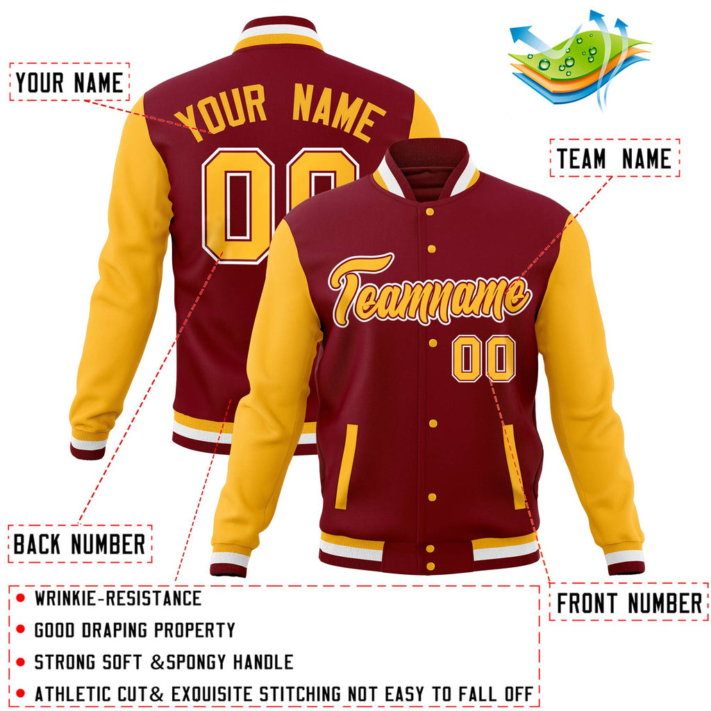 Custom Crimson Gold Full-Snap Varsity Raglan Sleeves Letterman Baseball Jacket