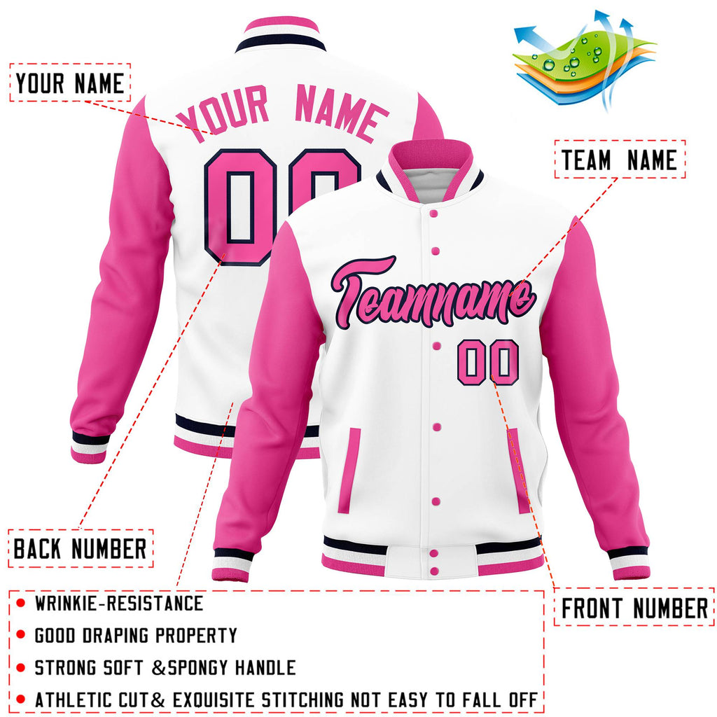 Custom White Pink Full-Snap Varsity Raglan Sleeves Letterman Baseball Jacket