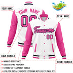 Custom White Pink Full-Snap Varsity Raglan Sleeves Letterman Baseball Jacket