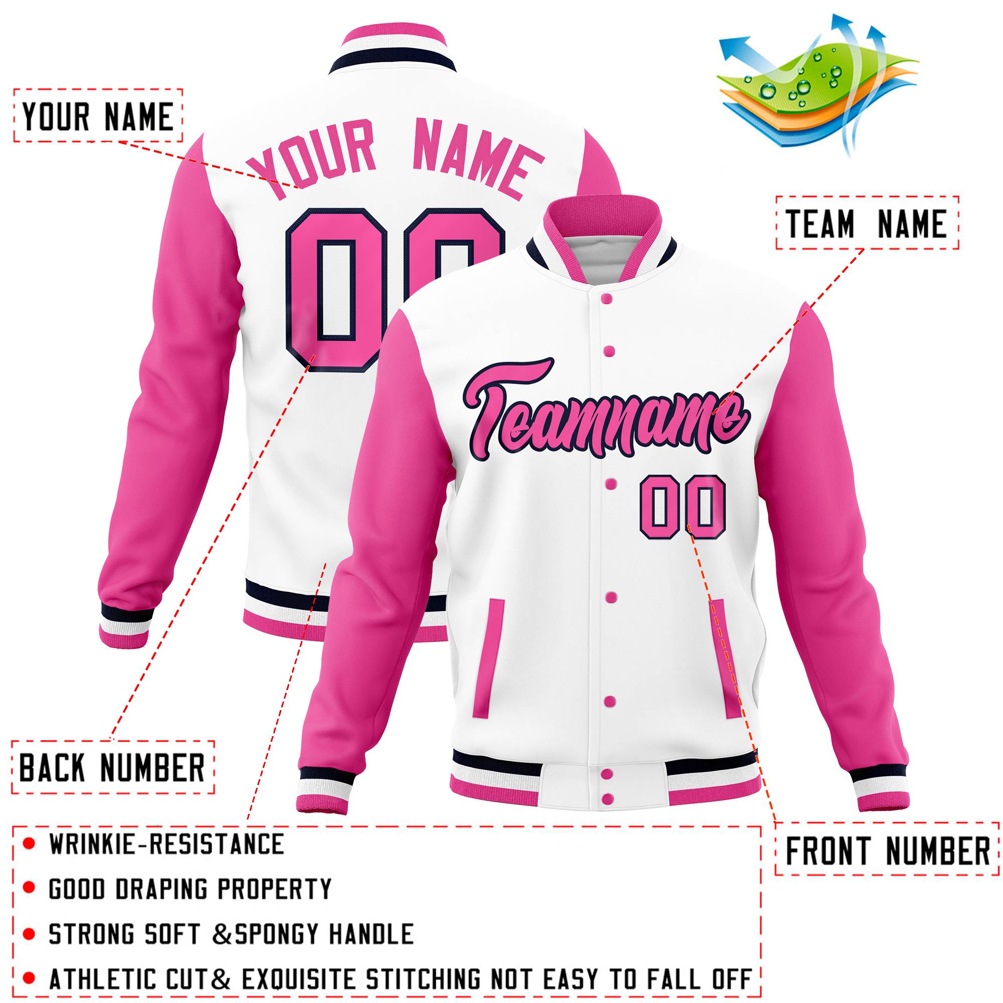 Custom White Pink Full-Snap Varsity Raglan Sleeves Letterman Baseball Jacket
