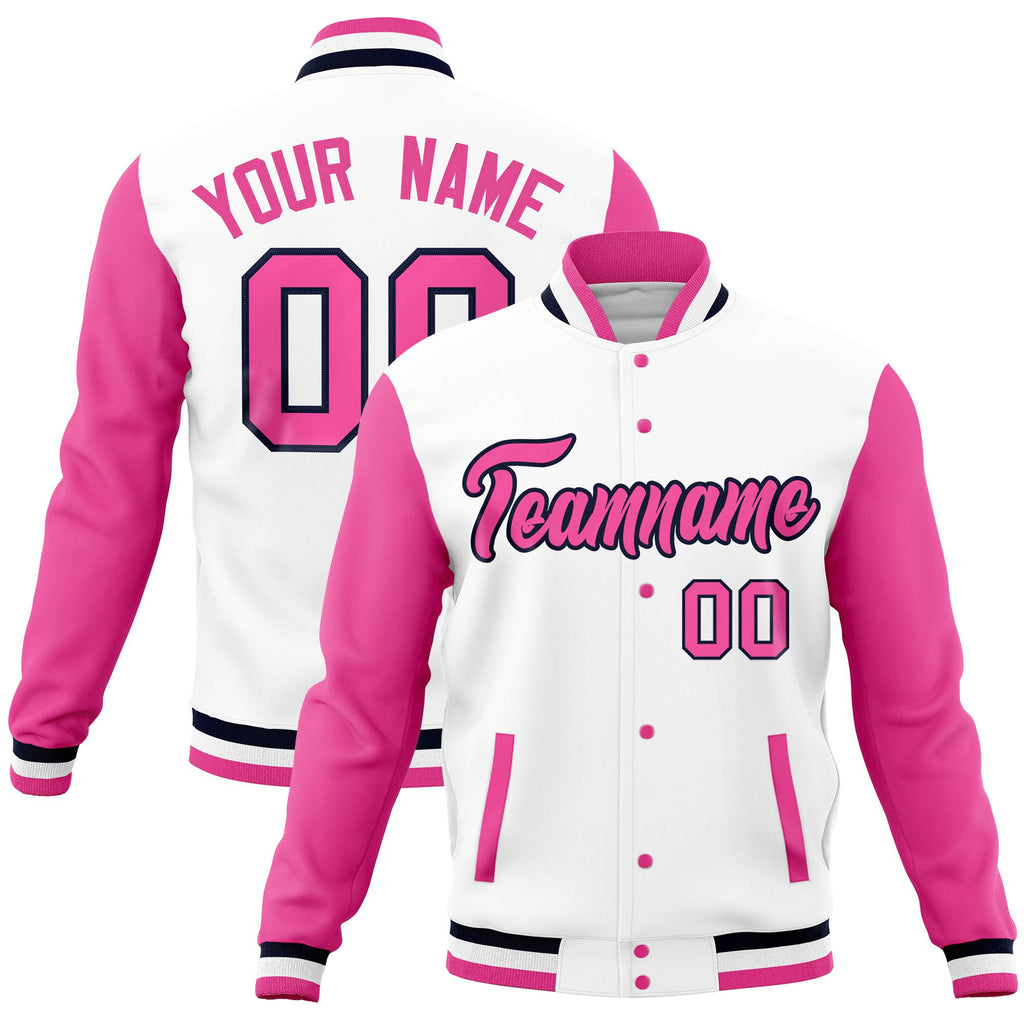Custom White Pink Full-Snap Varsity Raglan Sleeves Letterman Baseball Jacket