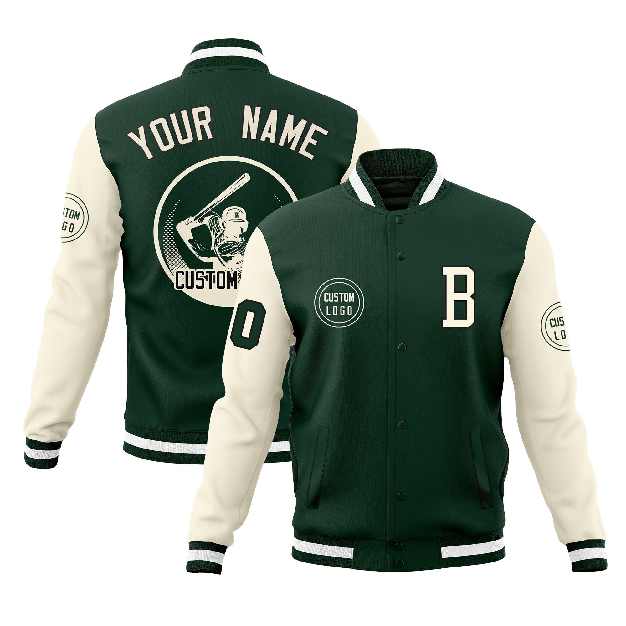 Custom Green Cream Raglan Sleeves Full-Snap Varsity Personalized Letterman Baseball Coats Jacket Main image