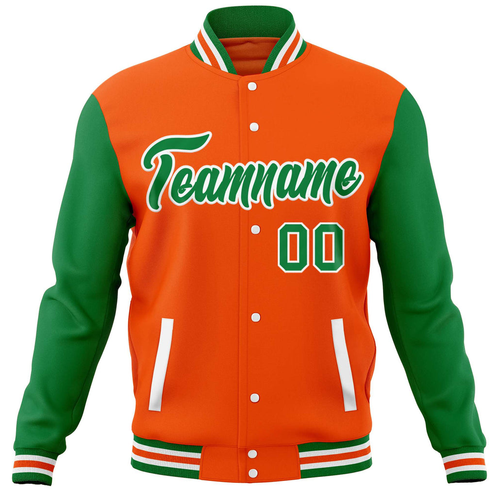 Custom Orange Kelly Green Varsity Full-Snap Raglan Sleeves Letterman Baseball Jacket
