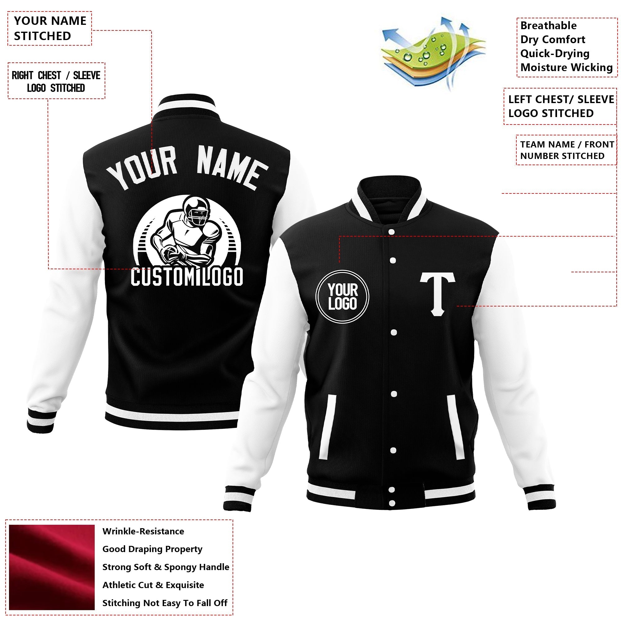 Custom Cotton Blend Baseball Jackets Varsity Letterman Full-Snap Coats for Adults Secondary image