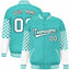 Custom Aqua White-Black Checkered Pattern Color Block Bomber Varsity Jacket