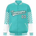 Custom Aqua White-Black Checkered Pattern Color Block Bomber Varsity Jacket