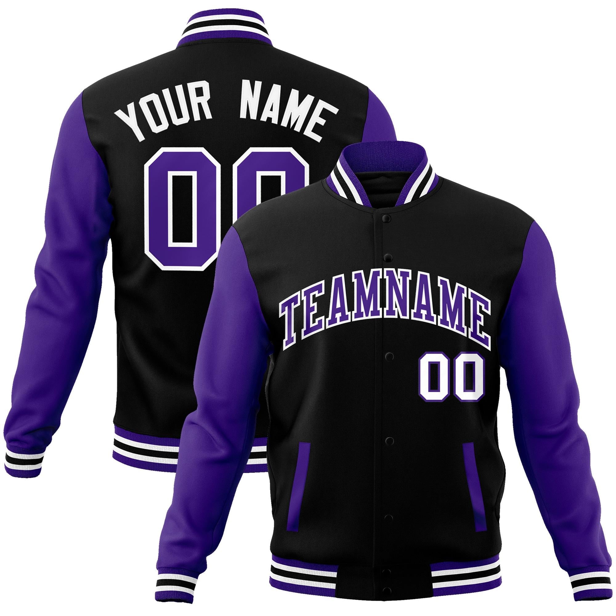 Custom Black Purple-White Raglan Sleeves Varsity Full-Snap Letterman Jacket Main image