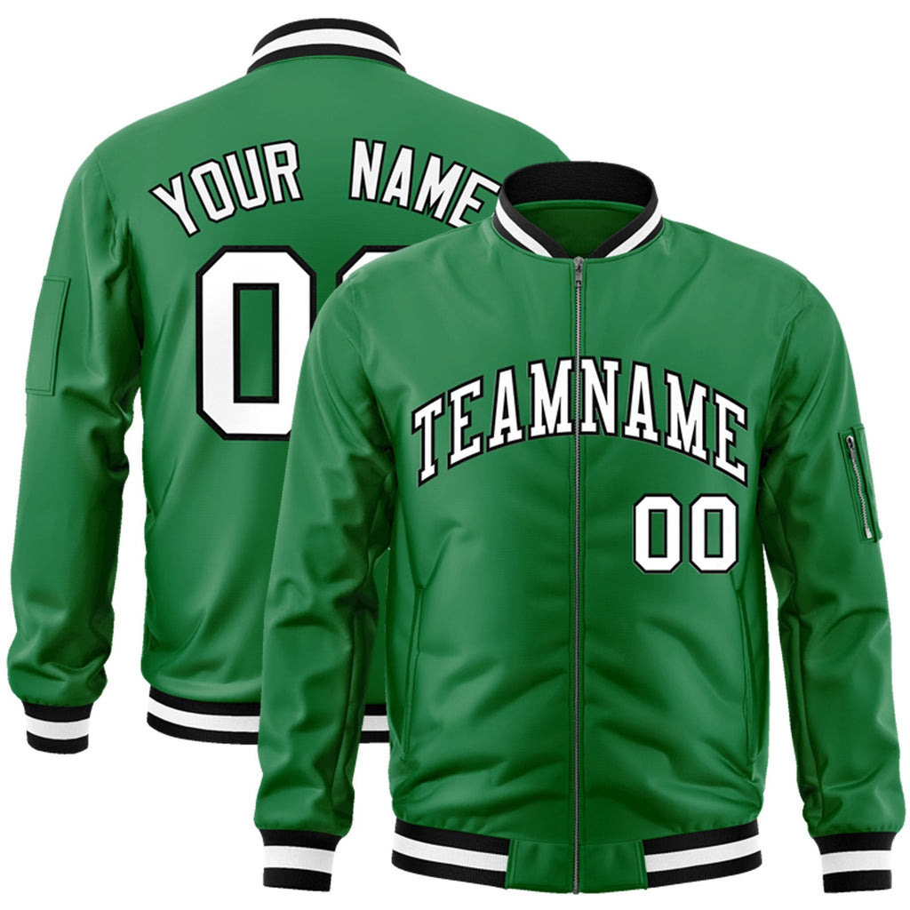 Custom Kelly Green White-Black Varsity Full-Zip Letterman Bomber Jacket