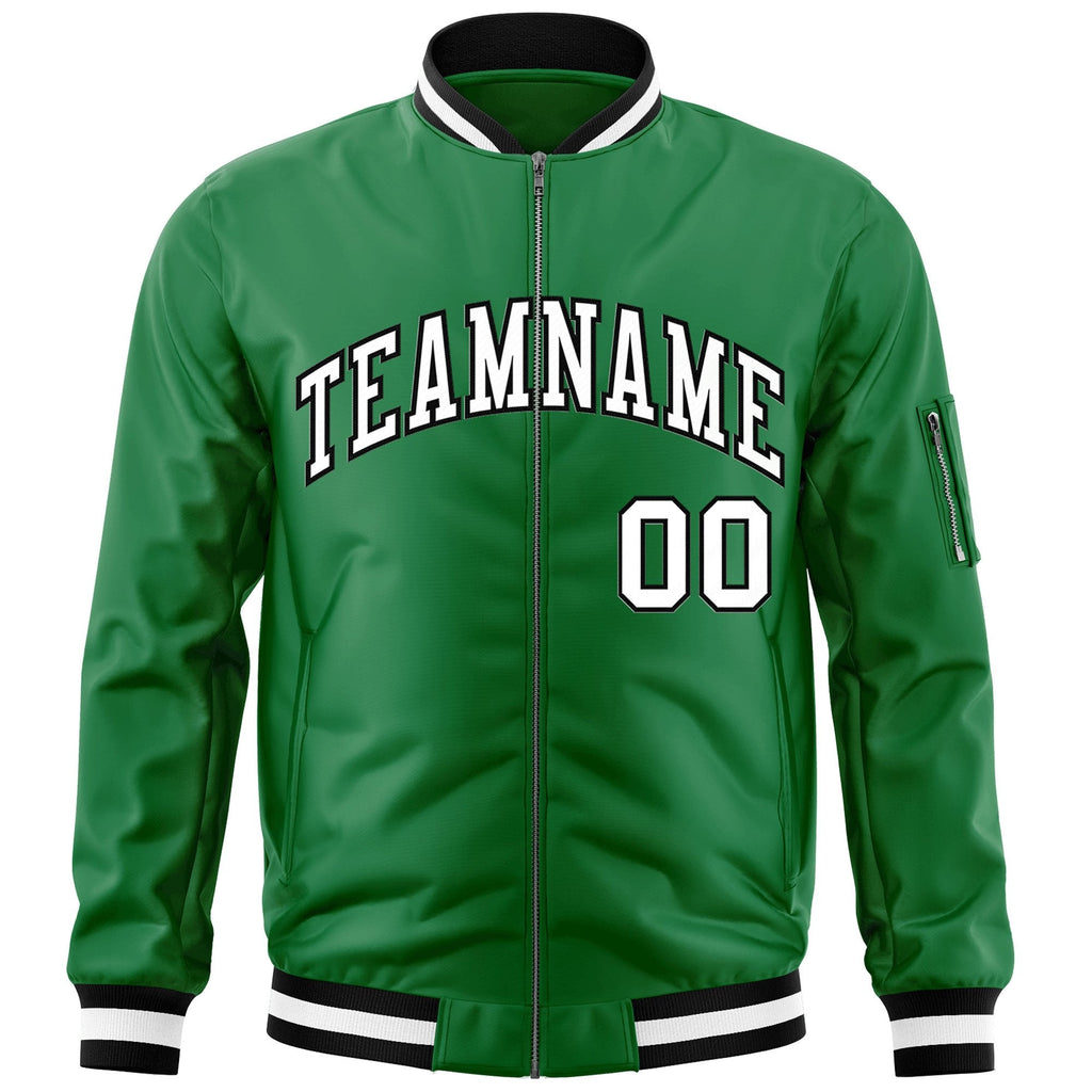 Custom Kelly Green White-Black Varsity Full-Zip Letterman Bomber Jacket