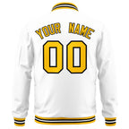 Custom White Yellow-Black Varsity Full-Zip Letterman Bomber Jacket