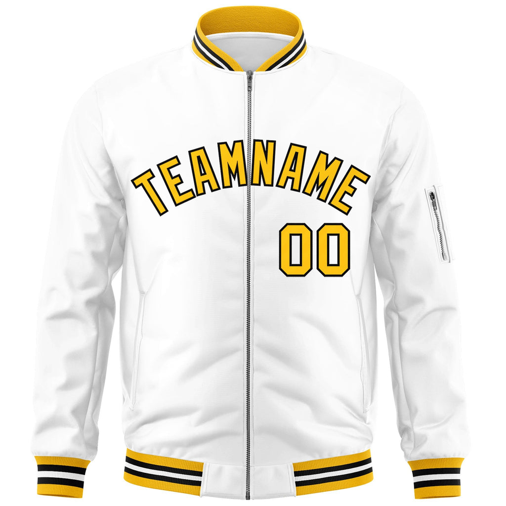 Custom White Yellow-Black Varsity Full-Zip Letterman Bomber Jacket