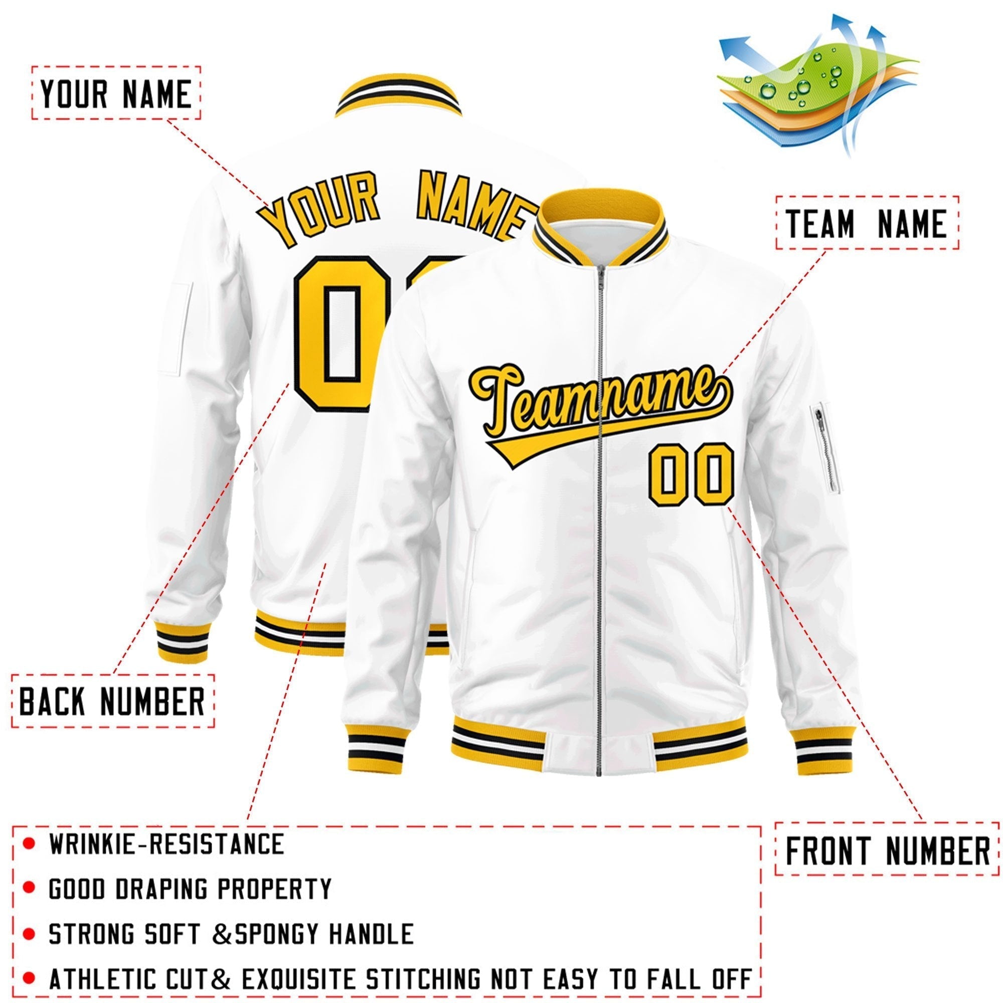 Custom White Yellow-Black Varsity Full-Zip Letterman Bomber Jacket Secondary image