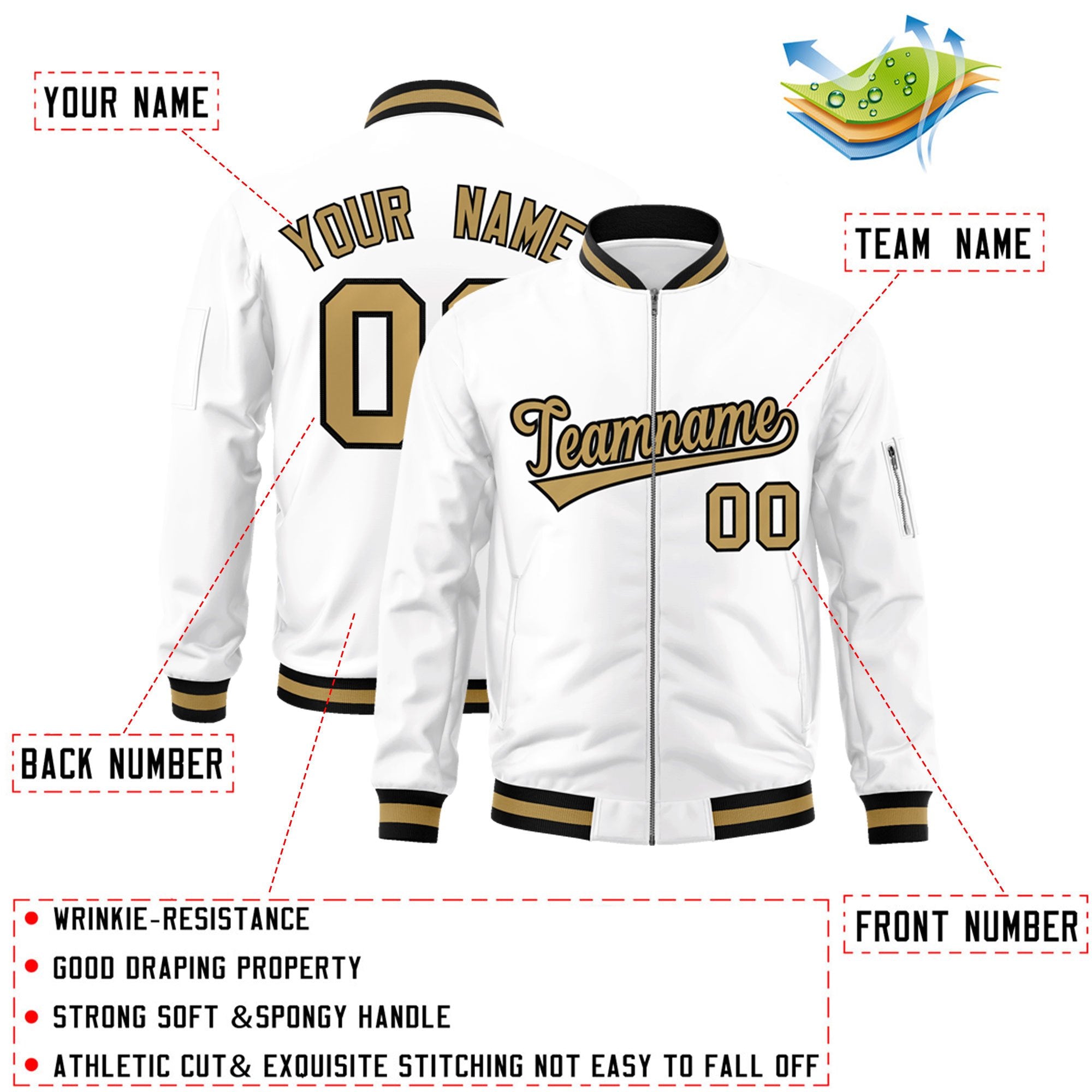 Custom White Old Gold-Black Varsity Full-Zip Letterman Bomber Jacket Secondary image