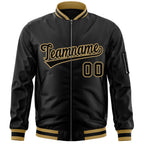 Custom Black Black-Old Gold Varsity Full-Zip Letterman Bomber Jacket