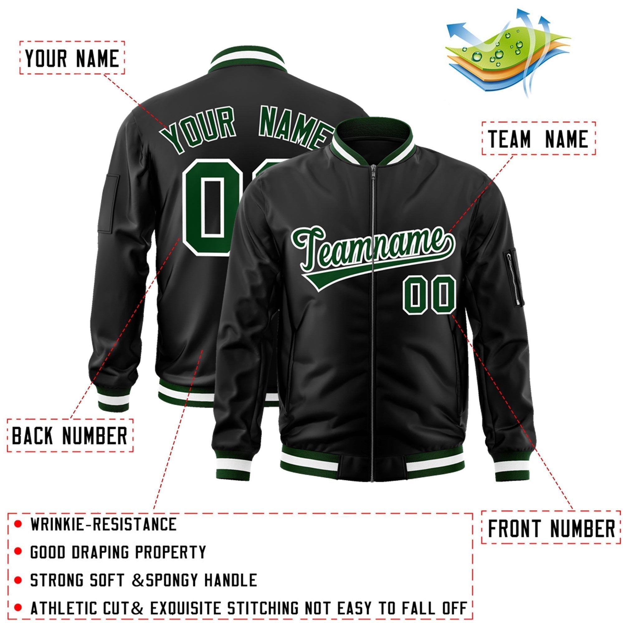 Custom Black Green-White Varsity Full-Zip Letterman Bomber Jacket Secondary image