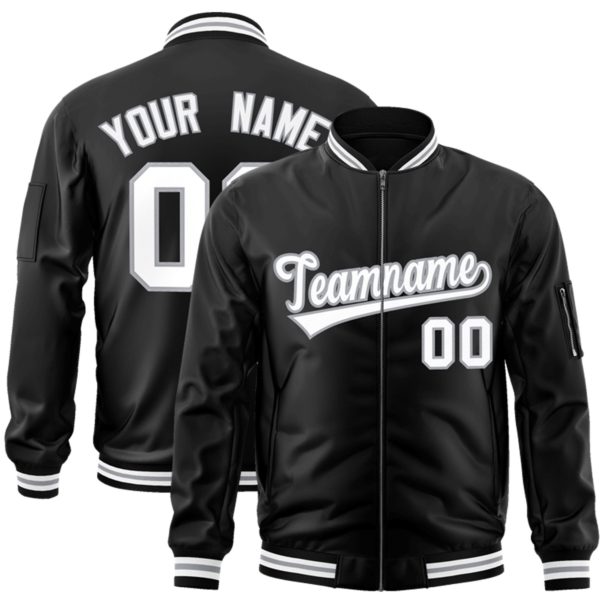 Custom Black White-Gray Varsity Full-Zip Letterman Bomber Jacket Main image