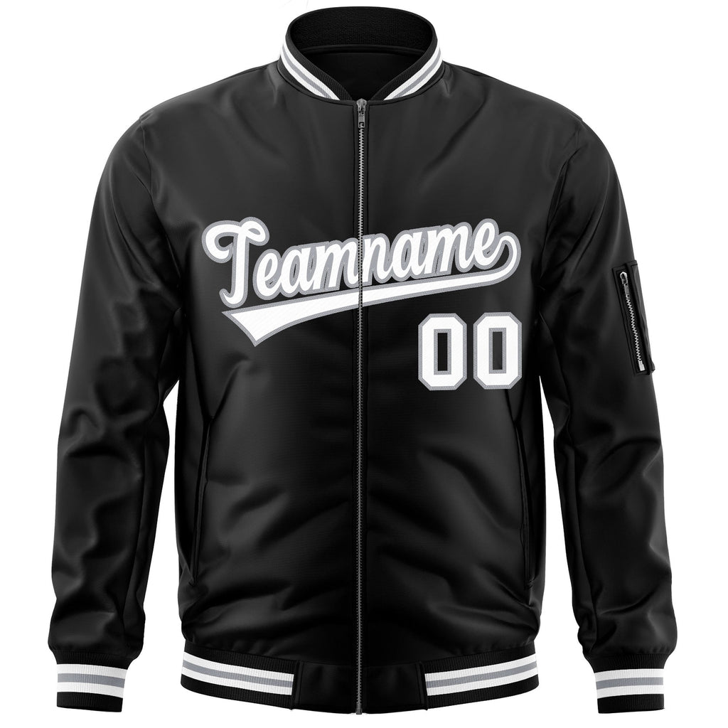 Custom Black White-Gray Varsity Full-Zip Letterman Bomber Jacket