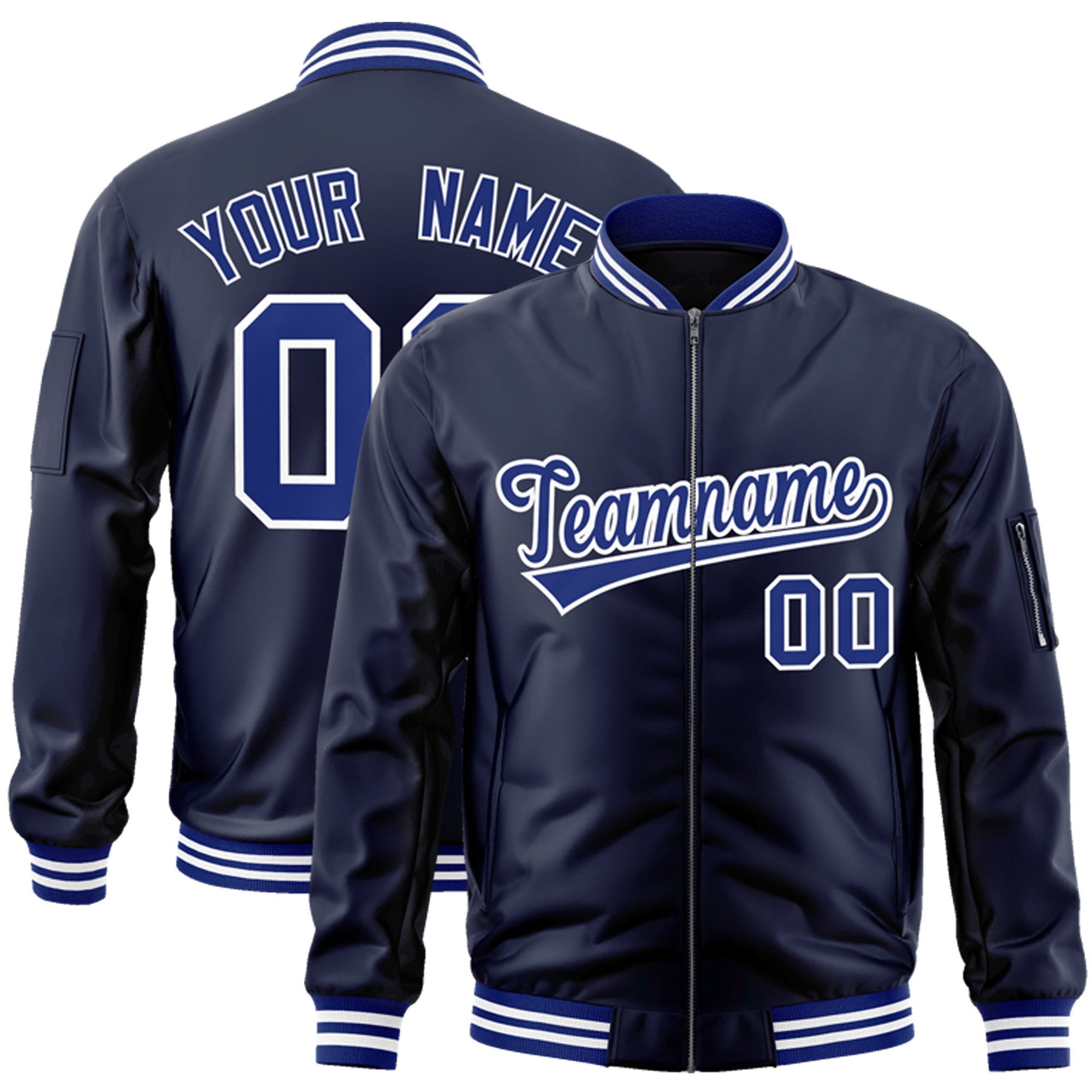 Custom Navy Royal-White Varsity Full-Zip Letterman Bomber Jacket Main image