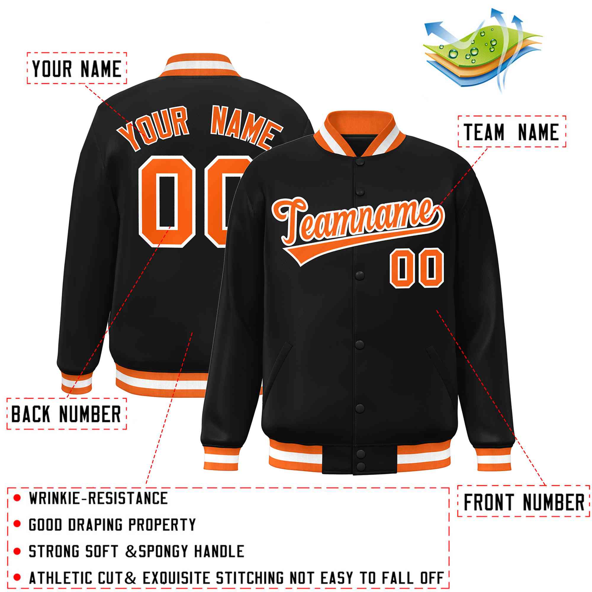 Custom Black Orange-White Classic Style Varsity Full-Snap Letterman Jacket Secondary image