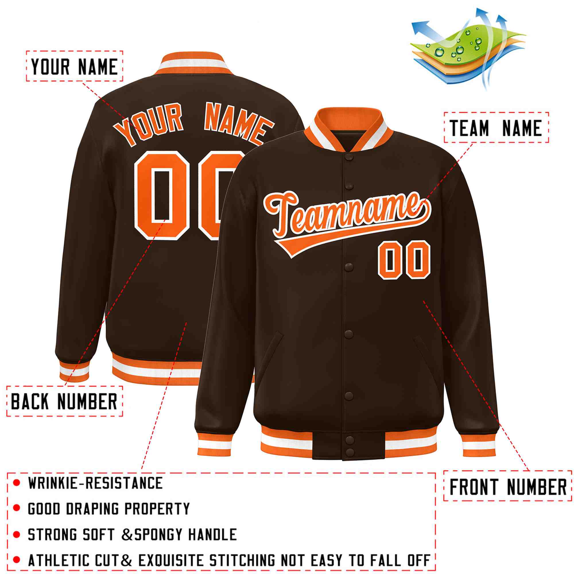 Custom Brown Orange-White Classic Style Varsity Full-Snap Letterman Jacket Secondary image