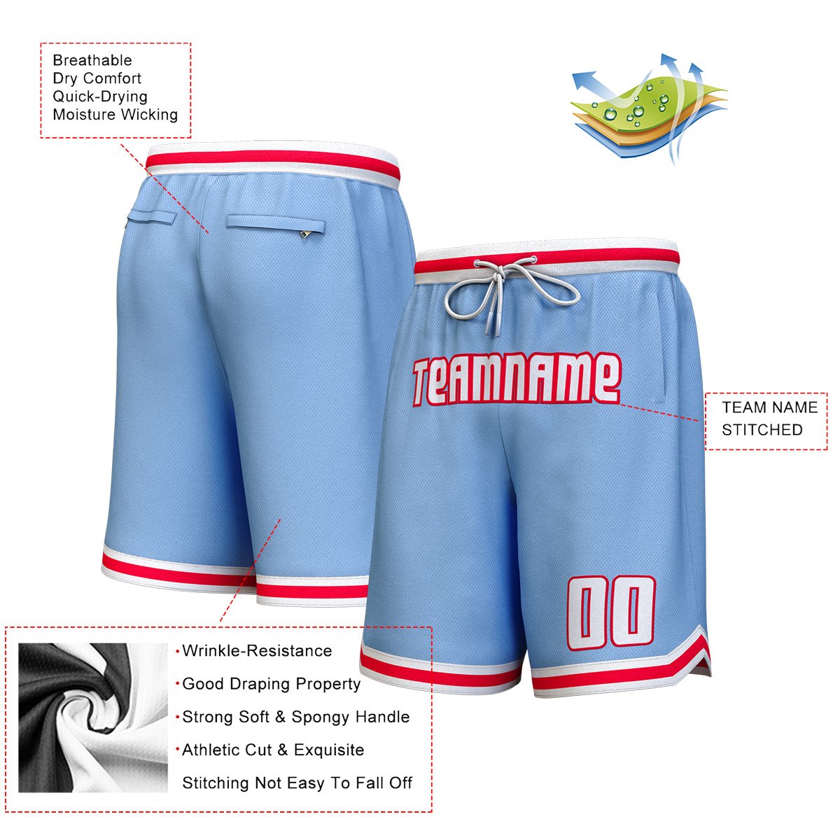Custom Light Blue White-Red Personalized Basketball Shorts Secondary image