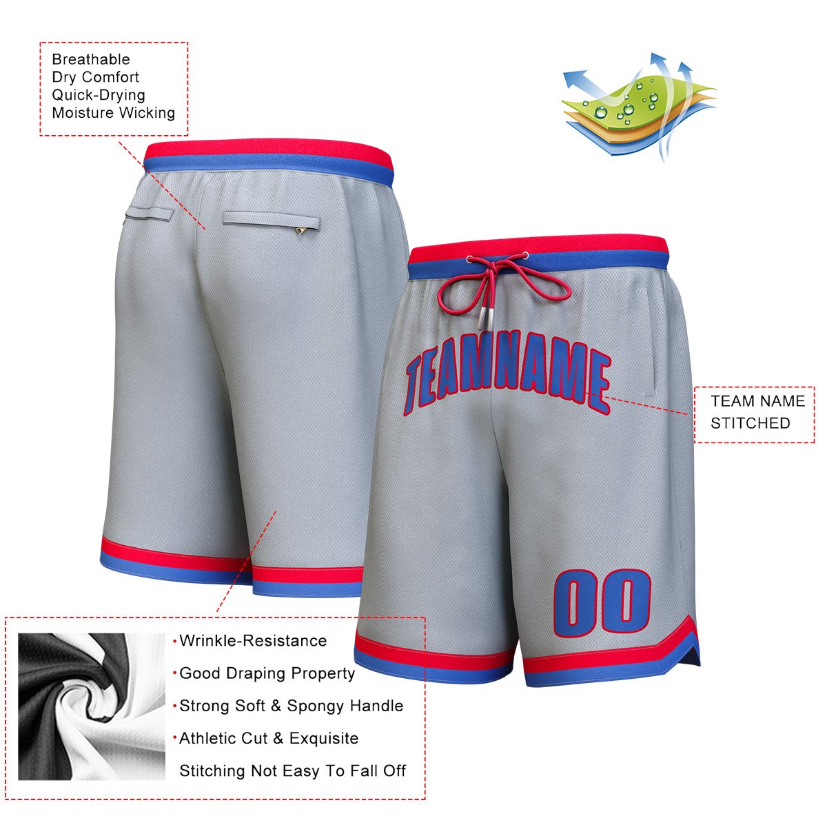 Custom Gray Royal-Red Personalized Basketball Shorts Secondary image
