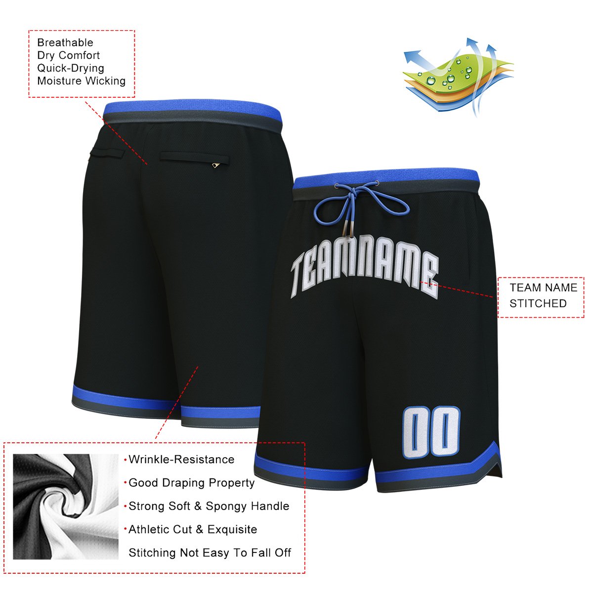 Custom Black White-Blue Personalized Basketball Shorts Secondary image