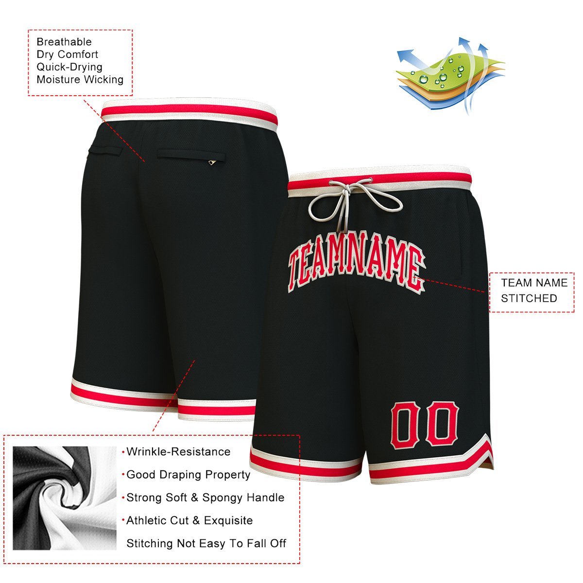 Custom Black Red-Cream Personalized Basketball Shorts Secondary image