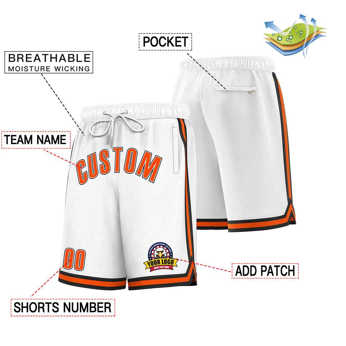 Custom White Orange-Black Classic Style Basketball Mesh Shorts Secondary image