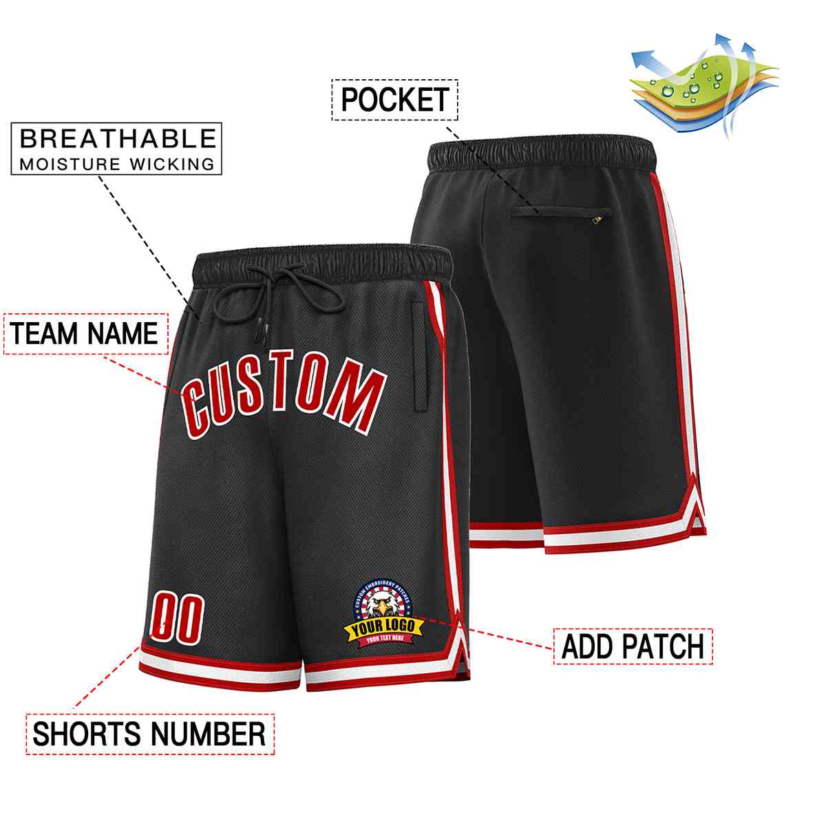 Custom Black Red-White Classic Style Basketball Mesh Shorts Secondary image