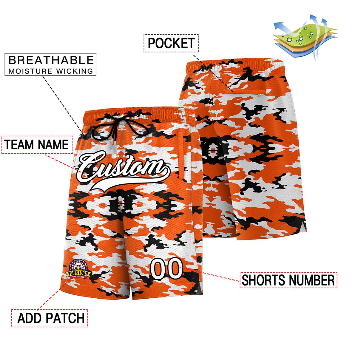 Custom Orange White Black Camo Basketball Shorts Secondary image