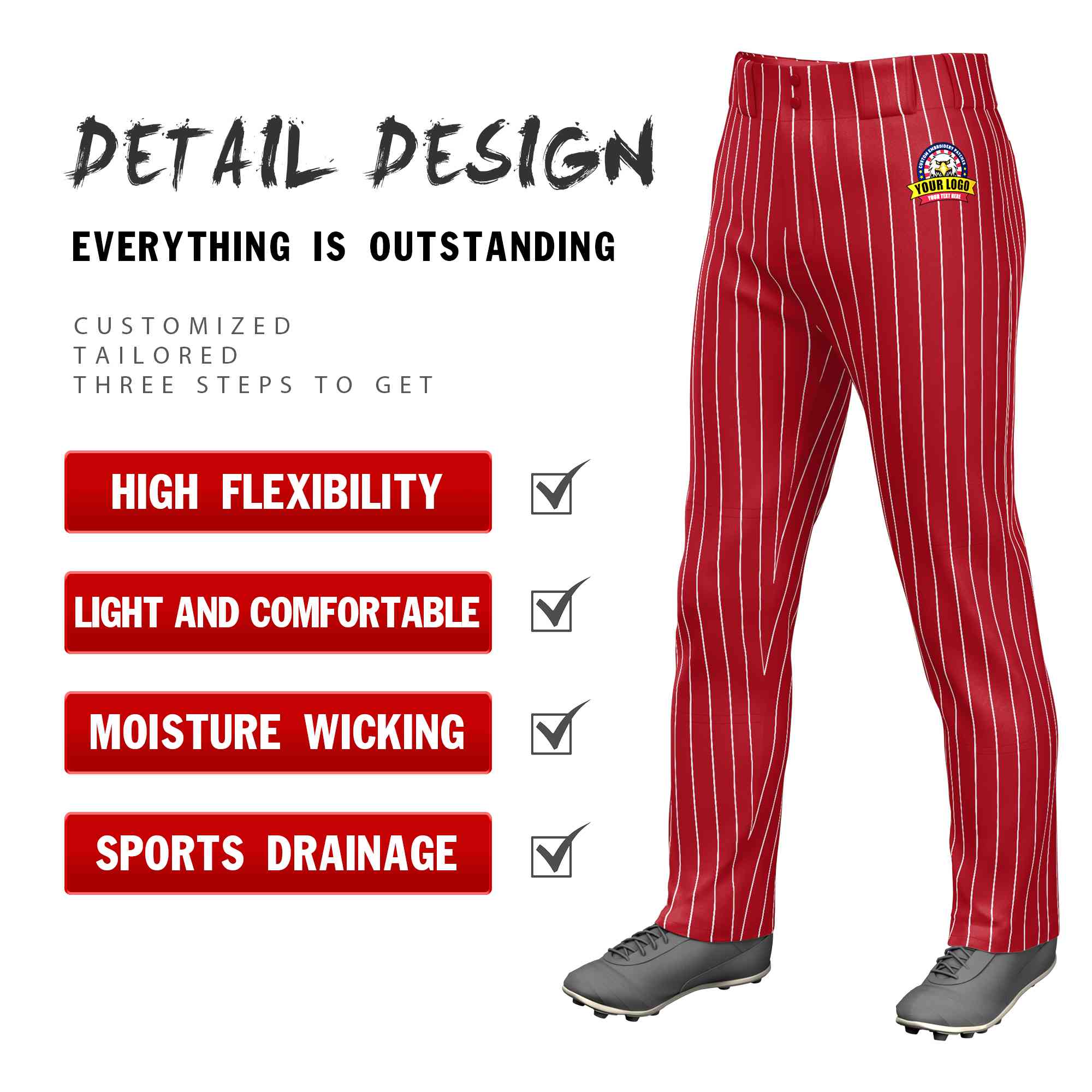 Custom Red White Pinstripe Fit Stretch Practice Loose-fit Baseball Pants Secondary image