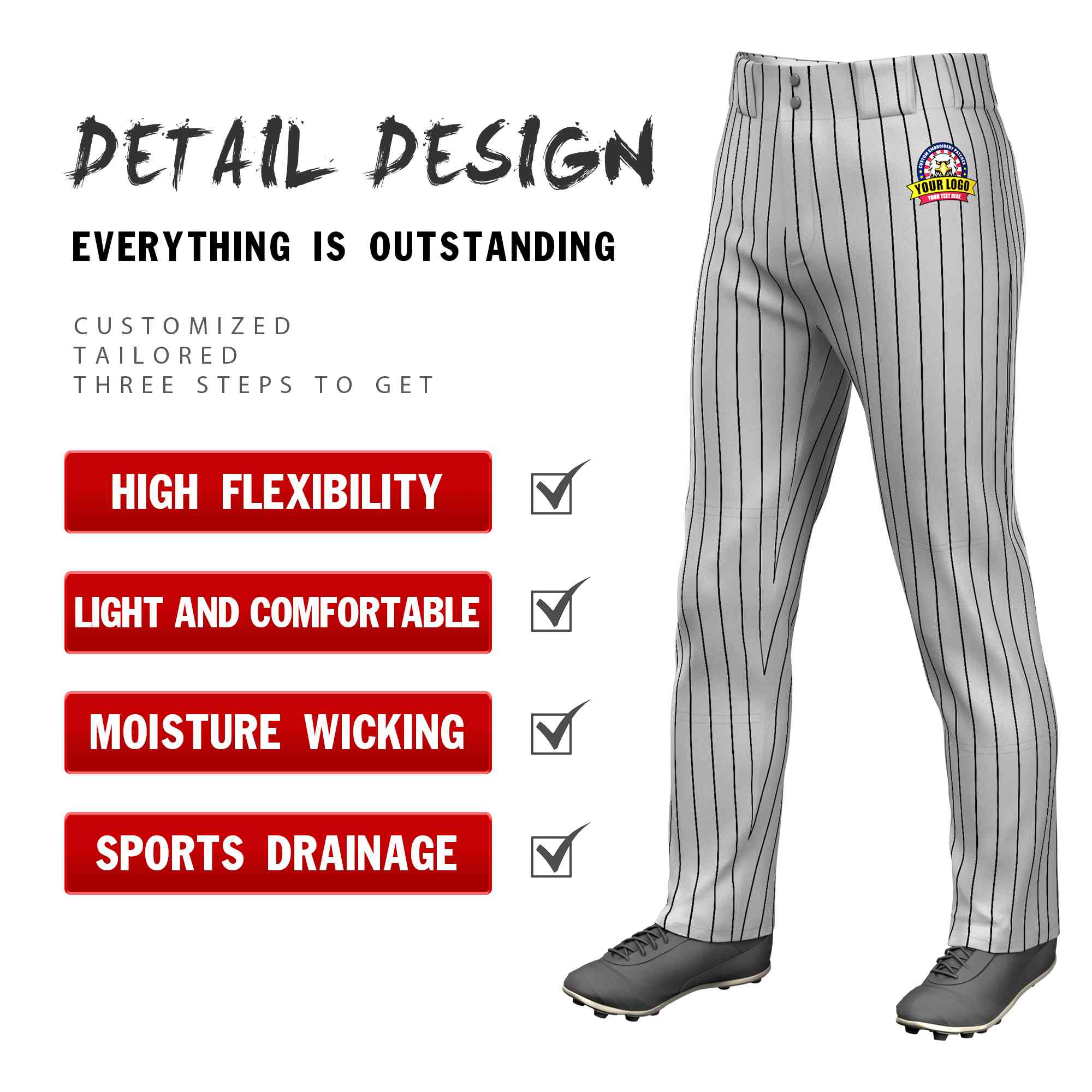 Custom Gray Black Pinstripe Fit Stretch Practice Loose-fit Baseball Pants